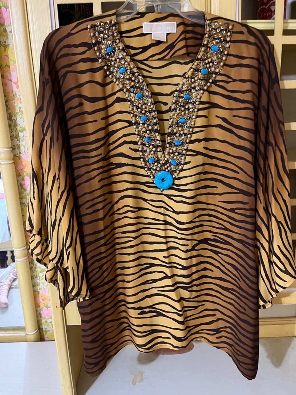 Michael Kors Brown Tiger-Print Tunic with Turquoise Beaded V-Neck